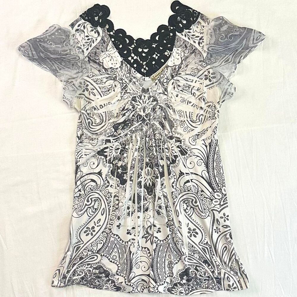 2000s Energe Black White Floral‎ Paisley Top Rhinestones Lace Sz PS Alt Boho